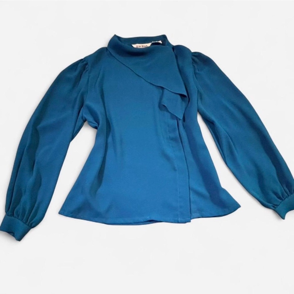 Judy Bond Women’s Blouse, Teal Blue, Size 14, 1970s/80s
